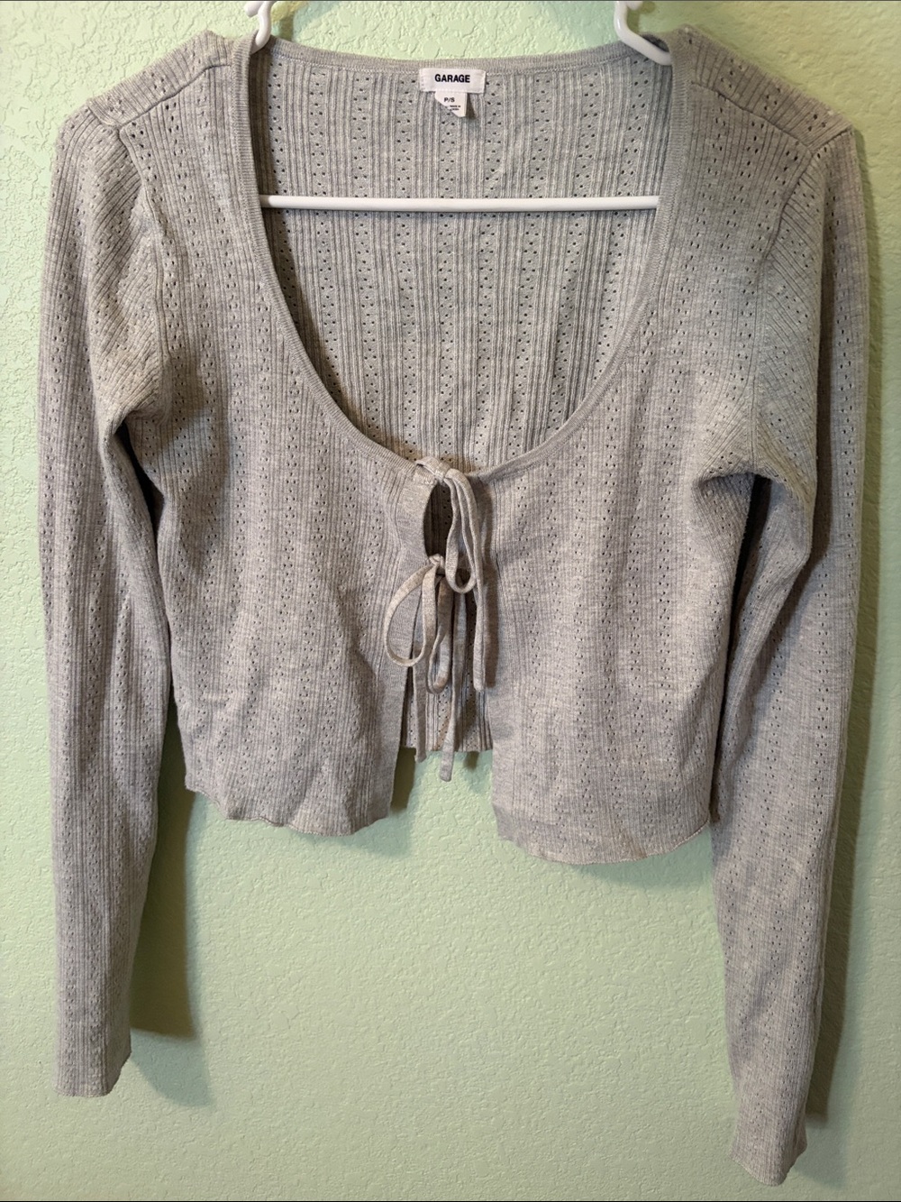 Garage Light Gray Long-Sleeve Tie-Front Knit Top